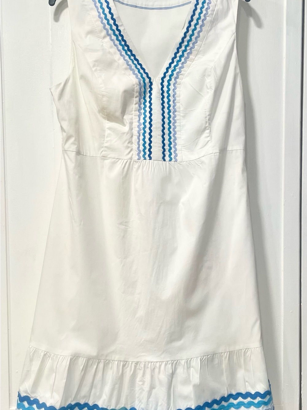 Boden White Cotton Rick-Rack Trim Shift Dress Blue Detail Sz. 12R
